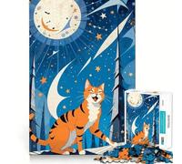 Puzzle de 1000 pièces Chat Souriant sous Un Ciel étoilé pour Adolescents Jeu de logique et de Loisirs Bordure Fine Cadeau spécial 38x26cm