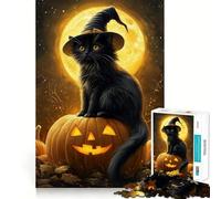 Puzzle de 1000 pièces Chat sur Citrouille au Clair de Lune Découpe précise Jeu Intelligent et Relaxant Décoration de Noël (38x52cm)