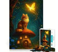 Puzzle de 1000 pièces Chat sur Une Maison Champignon avec Papillon Pièces découpées avec précision Jeu de réflexion pour Un Moment de Calme et de Divertissement Pièce Artistique de Noël (38x52cm)