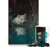 Puzzle de 1000 pièces Chaton Blanc au Bord de l'étang pour Adultes,Jeu de réflexion,découpe Laser pour Un Assemblage Parfait,activité enrichissante pour Les Jours de Pluie (38x26cm)