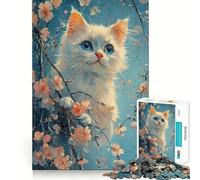 Puzzle de 1000 pièces Chaton Blanc dans Les Fleurs Découpe Laser pour Un Assemblage Parfait Activité de Partage et de Concentration idéale pour Les Proches (38x52cm)