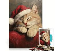 Puzzle de 1000 pièces Chaton endormi avec Un Bonnet de Père Noël pour Adolescents Jeu de logique Clair, Passe-Temps Calme, découpe Parfaite, Cadeau Classique 50x75cm