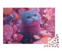 Puzzle de 1000 pièces Chaton Gris aux pétales Roses - Jeu éducatif pour Adultes - Décoration intérieure - Défi - Niveau de difficulté élevé - Cadeau d'anniversaire - 70 x 50 cm / 1000 pièces