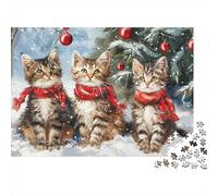 Puzzle de 1000 pièces « Chatons de Noël sous la Neige » : Trois Chats tigrés avec des écharpes Rouges. À partir de 12 Ans. Jeu éducatif. Décoration intérieure. Anniversaire. Dimensions : 52 x 38 cm.