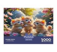 Puzzle de 1000 pièces « Chatons Mignons et étang de cerisiers en Fleurs » (3 Chatons) en Papier recyclé. Jeu Familial Amusant et Stimulant. Dimensions : 70 x 50 cm.