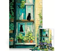 Puzzle de 1000 pièces Chats à la fenêtre avec Plantes pour Adolescents,idéal pour développer sa logique,s'évader en Toute sérénité,Bords Nets et Joli Cadeau (50x75cm)