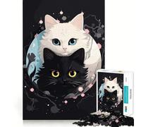 Puzzle de 1000 pièces Chats d'anime Blancs et Noirs pour Adolescents Jeu de mémoire Amusant Emboîtement précis sans espaces Activité Amusante en Famille Le Soir (38x52cm)