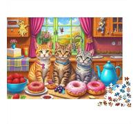 Puzzle de 1000 pièces « Chats dans la Cuisine » : Trois Chats avec des Donuts Roses. Jeu éducatif pour Adultes. Décoration élégante. Niveau de difficulté élevé. Anniversaire. Dimensions : 70 x 50 cm.