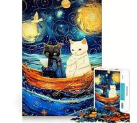 Puzzle de 1000 pièces Chats dans Un Bateau »,Style Nuit étoilée,Bords Lisses,Jeu créatif,Jouet pour des Moments de détente,Cadeau d'anniversaire Amusant (50x75cm)