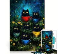 Puzzle de 1000 pièces Chats Noirs dans des Tasses à thé,Peinture,pièces Bien ajustées,Jouet créatif et Amusant,Moments de détente et de Plaisir,Cadeau de décoration d'anniversaire (38x52cm)