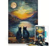 Puzzle de 1000 pièces Chats Noirs Van Gogh Lune,pièces à emboîter,Jeu de Concentration Amusant,Moment de détente,décoration de Noël (50x75cm)