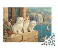 Puzzle de 1000 pièces « Chats par Harbor View » : Trois Chats Blancs sur Un Mur, Jeu éducatif pour Adultes, décoration intérieure, défi, Niveau de difficulté élevé, Cadeau d'anniversaire, 52 x 38 cm