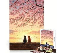Puzzle de 1000 pièces Chats sous Le Coucher de Soleil Sakura pour Adolescents Exercice Mental,détente et Divertissement, pour Les fêtes (38x52cm)
