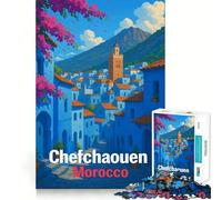 Puzzle de 1000 pièces Chefchaouen,Maroc︰ Paysage Urbain Bleu,Ajustement Parfait,Art,entraînement Mental,Divertissement,Temps de Repos,Jeu,Cadeau de Noël apaisant (38x26cm)