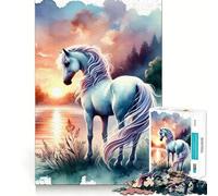 Puzzle de 1000 pièces Cheval Blanc au Coucher du Soleil pour Adultes,Jeu de réflexion Amusant avec Technologie de découpe Laser avancée,défi Stimulant pour Passer Le Temps (38x26cm)