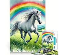 Puzzle de 1000 pièces : Cheval Blanc Courant à Travers Un Arc-en-Ciel Jeu de mémoire Amusant,Bords Lisses,Assemblage Parfait,Une façon divertissante d'occuper Les Heures vides (50x75cm)