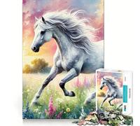 Puzzle de 1000 pièces Cheval Blanc galopant dans Un Champ pour Adultes,Jeu de mémoire,Assemblage précis sans espaces,activité apaisante pour Une Pause mentale (38x26cm)