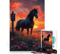 Puzzle de 1000 pièces Cheval Noir au Coucher du Soleil,découpe précise,Jeu de réflexion,Cadeau Facile à Jouer,Cadeau d'anniversaire Amusant (38x52cm)