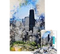 Puzzle de 1000 pièces Chicago à l'aquarelle pour Adolescents et Adultes Jeu Familial Cadeau Original pour Femmes Idée Cadeau d'anniversaire ou de Noël (Dimensions 38x52cm)