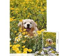 Puzzle de 1000 pièces Chien Heureux dans Un Champ de Fleurs Jeu Manuel adapté aux Couples Jouet éducatif avec Poster et fiche de Questions Assortis (38x52cm)