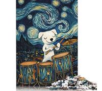 Puzzle de 1000 pièces Chien jouant de la batterie la nuit étoilée pour adultes et adolescents, puzzles pour adultes, jouets éducatifs d'apprentissage, 38 x 26 cm/1000 pièces