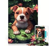 Puzzle de 1000 pièces Chiot et Grenouille dans Un étang aux nénuphars pour Adultes Stimule la mémoire, Loisirs et Divertissement Bords précis Joli Cadeau (38x26cm)