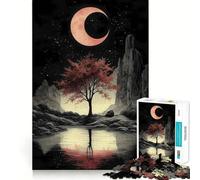 Puzzle de 1000 pièces Ciel Nocturne avec Lune Rouge, Paysage Japonais, pour Adolescents, Stimulant la mémoire, Jeu apaisant, Bords Nets, Cadeau de qualité supérieure (38x26cm)