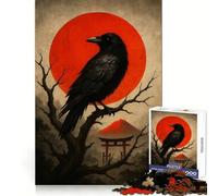 Puzzle de 1000 pièces Corbeau perché sur Un Soleil Rouge et Un Torii pour Adolescents Jeu de logique Fine, Divertissement Relaxant, décoration Murale aux Bords Nets (50x75cm)