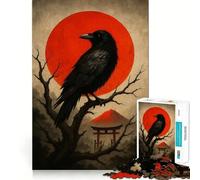 Puzzle de 1000 pièces Corbeau perché sur Un Soleil Rouge et Un Torii pour Adolescents Jeu de logique Fine, Divertissement Relaxant, décoration Murale aux Bords Nets (50x75cm)
