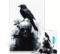 Puzzle de 1000 pièces Corbeau sur crâne avec Roses pour Adolescents Jeu Intelligent d'intérieur Découpe précise Cadeau Exquis (38x52cm)