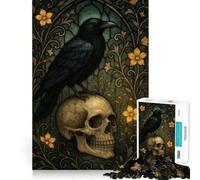 Puzzle de 1000 pièces Corbeau sur crâne en vitrail pour Adultes, Jeu de logique Solide, Jeu de Groupe, Bords Nets, 38x26cm