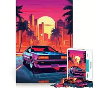 Puzzle de 1000 pièces Coucher de Soleil néon rétro Miami pour Adolescents stimule la mémoire, détente et créativité Coupe Premium Idéal pour Un Anniversaire (38x52cm)