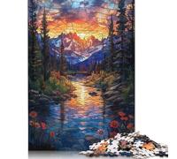 Puzzle de 1000 pièces « Coucher de Soleil sur la Montagne avec vitrail » pour Adultes et Enfants, Puzzle en Bois pour Adultes, à Partager en Famille et Entre Amis (75 x 50 cm).