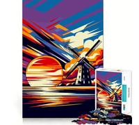 Puzzle de 1000 pièces Coucher de Soleil sur Le Moulin à Vent pour Adolescents,Jeu de mémoire Amusant et créatif,Composants Robustes et faciles à Transporter (38x52cm)