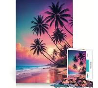 Puzzle de 1000 pièces Coucher de Soleil sur Une Plage Tropicale avec Palmiers Bords Lisses Jeu de Concentration Amusant Idéal pour des Moments de détente Cadeau d'anniversaire (50x75cm)