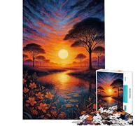 Puzzle de 1000 pièces Coucher de Soleil sur Une rivière Tranquille dans la Savane Africaine Jeu Manuel éducatif et ludique Cadeau d'anniversaire Découpe de précision (38x52cm)