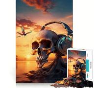 Puzzle de 1000 pièces Coucher de Soleil surréaliste, Musique et crâne pour Adolescents, Jeu de réflexion Simple et Amusant, découpe précise, Père Noël, vœux 38x26cm
