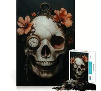 Puzzle de 1000 pièces Crâne avec Fleurs et Montre de Poche pour Adolescents Jeu de logique et de Loisirs Bordure Fine Cadeau spécial 38x26cm