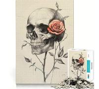 Puzzle de 1000 pièces Crâne et Rose Rouge pour Adolescents, Un Casse-tête Relaxant et Amusant à Assembler, Un Joli Cadeau 38x52cm