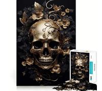 Puzzle de 1000 pièces,crâne Noir et Fleurs dorées,pièces Bien ajustées,Jouet créatif et Amusant,Moments de détente et de Plaisir,Cadeau de décoration d'anniversaire (38x52cm)