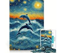Puzzle de 1000 pièces Dauphins sous la Nuit étoilée pour Adultes, Jeu de logique Solide, Jeu de Groupe, Bords Nets, 38x52cm