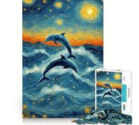 Puzzle de 1000 pièces Dauphins sous la Nuit étoilée pour Adultes, Jeu de réflexion Amusant et décontracté, découpe de précision, Cadeau Artistique 38x26cm