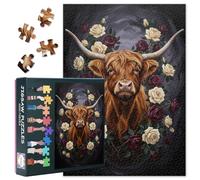 Puzzle de 1000 pièces de vache Highlands pour adultes, puzzle rose bordeaux, jeu de puzzle de fleurs ou un jouet pour les amis plus âgés 50 x 70 cm