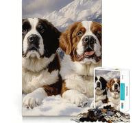Puzzle de 1000 pièces Deux Saint-Bernard dans la Neige Bords Lisses Jeu de Concentration Amusant et Relaxant Cadeau d'anniversaire (50x75cm)