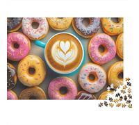 Puzzle de 1000 pièces « Donuts et Café » - Donuts et Cœur - Jeu éducatif pour Adultes - Décoration intérieure - Défi - Niveau de difficulté élevé - Cadeau d'anniversaire - 38 x 26 cm