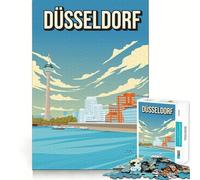 Puzzle de 1000 pièces Düsseldorf Allemagne Affiche de Voyage Vintage Tour du Rhin Décoration idéale Jeu cognitif Cadeau Facile à Jouer Jeu d'anniversaire (50x75cm)