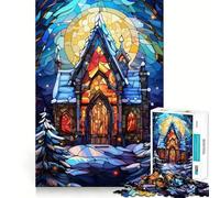 Puzzle de 1000 pièces Église d'hiver en vitrail pour Adolescents Stimule la mémoire, réduit Le Stress, découpe de qualité supérieure, Cadeau précieux 38x52cm