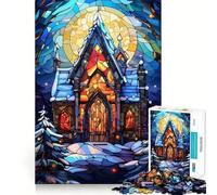Puzzle de 1000 pièces Église d'hiver en vitrail pour Adultes Stimule la mémoire, détend l'esprit, Bords précis, liste de souhaits du Père Noël 38x26cm