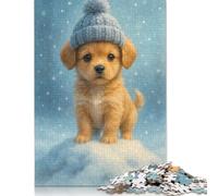 Puzzle de 1000 pièces en Bois représentant Un Adorable Chiot Portant Un Bonnet d'hiver. Idéal pour Les Adultes. Cadeau d'anniversaire ou Jeu en Famille. Dimensions : 75 x 50 cm.