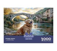 Puzzle de 1000 pièces en Carton 100% recyclé représentant Un Adorable Chien au Bord d'une rivière et d'un Pont. Un défi Impossible ! Cadeau Amusant. Dimensions : 70 x 50 cm.
